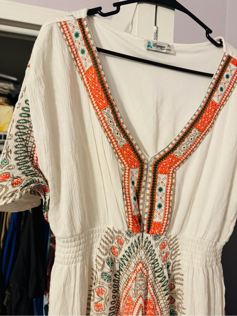 Lagrace White Embroidered V-Neck Dress with Orange & Green Accents